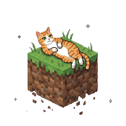 Pixel cat resting on an isometric cube